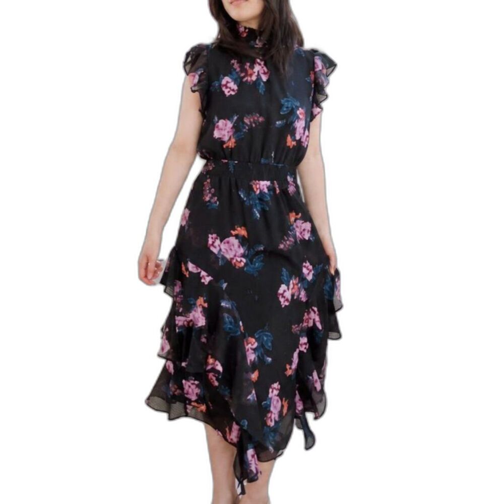 Rachel Roy Black Floral Pockets Dress Dobby Grid Chiffon Tier Ruffle Mock Midi 6